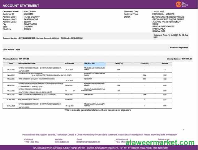 India AU Small Finance bank account statement Word and PDF template, version 2